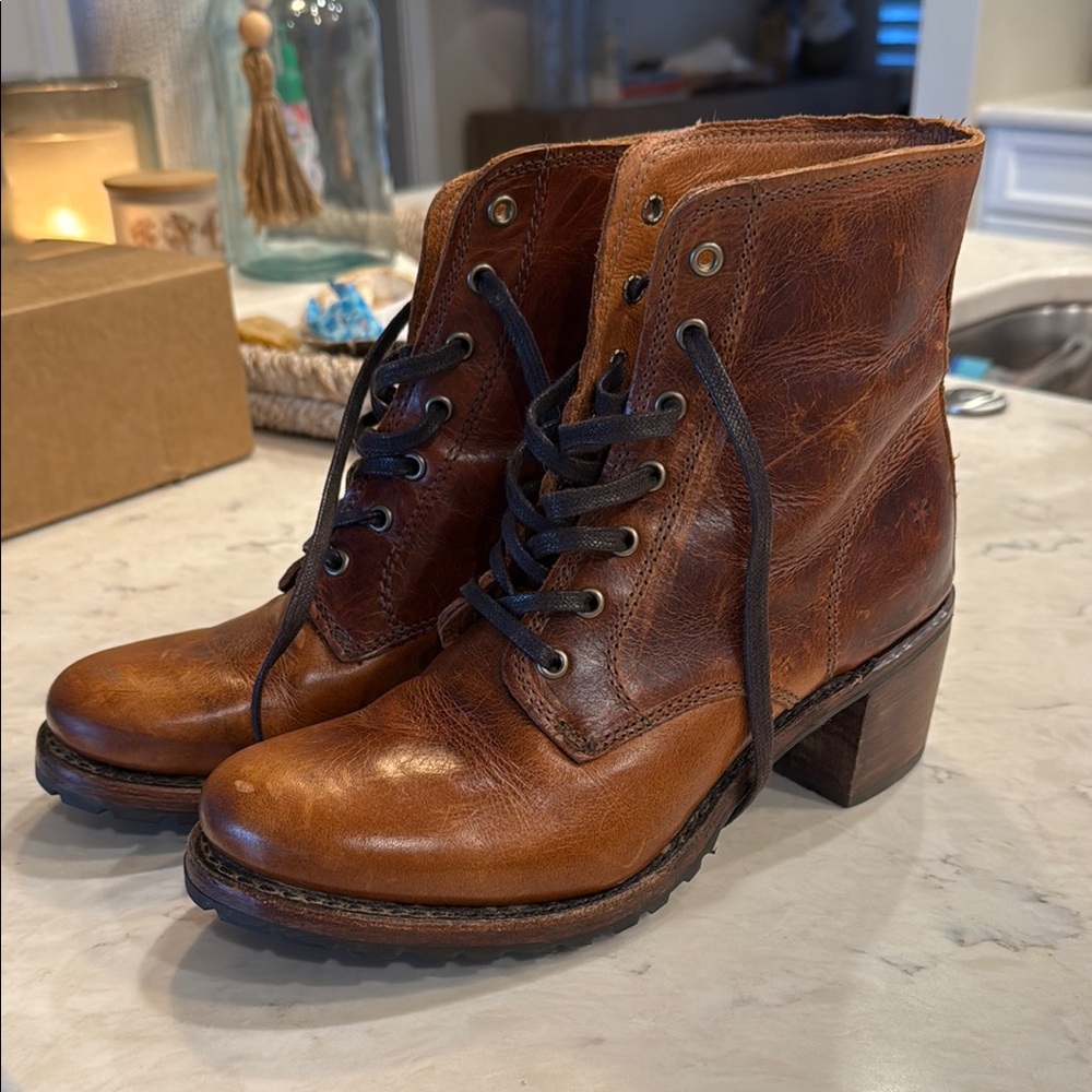 Frye Brown Lace Up Boots with Distressed Leather Finish